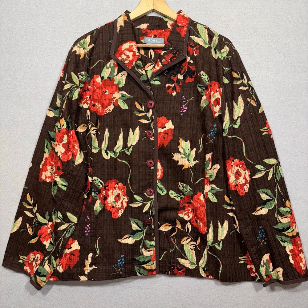 Koret Floral Blazer Womens 24W Plus Brown Red Cotton Lightweight Textured